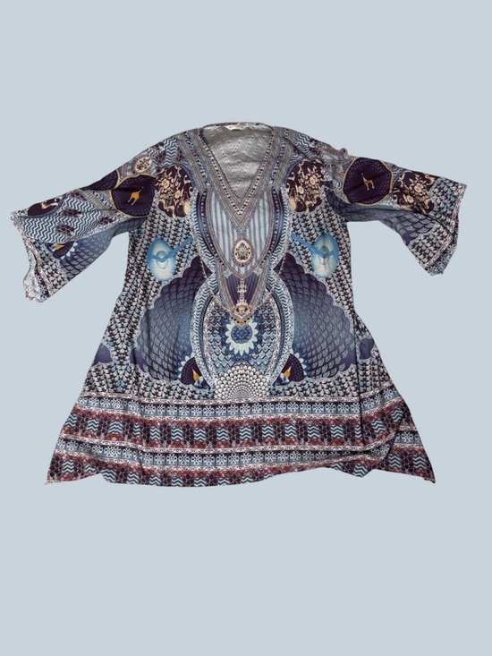 Tops - Boho Printed V-Neck Tunic Top in Navy XL